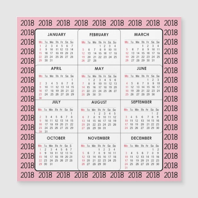 Carte magnétique carrée de calendrier du rose 2018 (Devant)