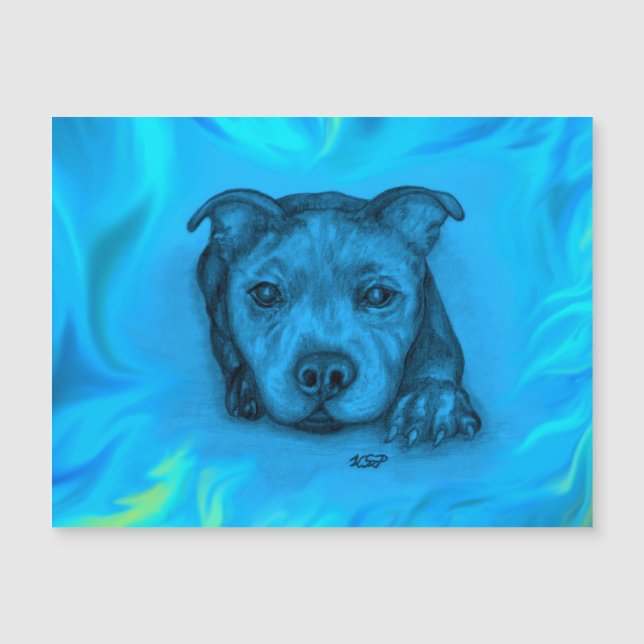 Carte magnétique chiot Staffy bleu (Devant)