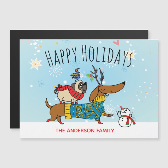 Carte magnétique Dachshund, Pug et Oiseau (Devant / Derrière)