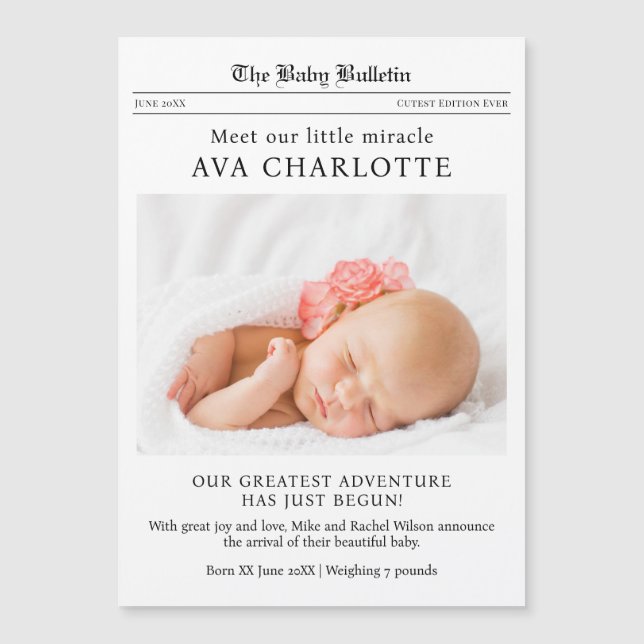 Carte magnétique d'annonce de naissance de bébé de (Devant)