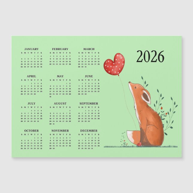 Carte magnétique de calendrier 2026 Little Fox Des (Devant)