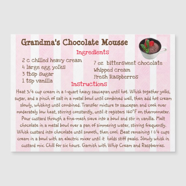 Carte magnétique de la recette de mousse de chocol (Devant)