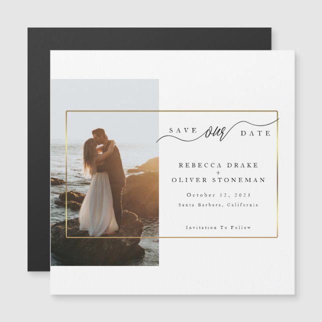 Carte magnétique de mariage à cadre doré pour phot (Devant / Derrière)