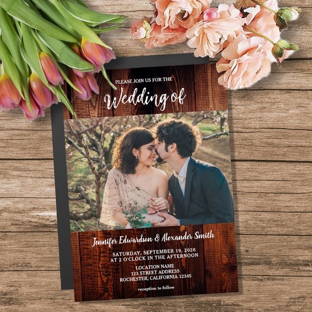 Carte magnétique de mariage champêtre en bois rust (Rustic wood photo country wedding magnetic invitation. You can add your own photo and text.)