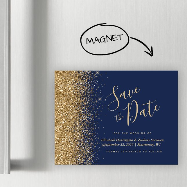Carte magnétique de mariage Navy Gold Glitter Save (Créateur téléchargé)