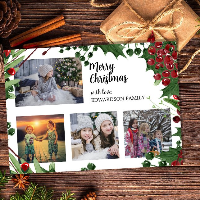 Carte magnétique de Noël avec collage de photos de (Create your own Merry Christmas family photo collage magnetic card.)