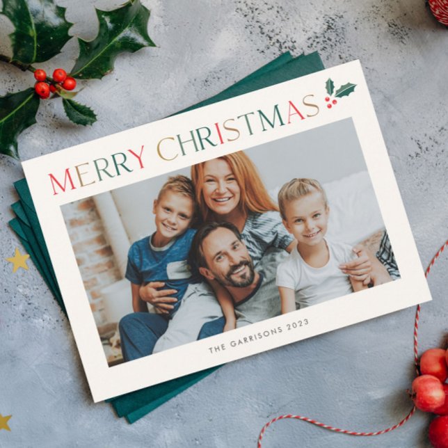 Carte magnétique de Noël photo avec typographie co (Modern Merry Christmas Colorful Type Photo Magnetic Holiday Card.)