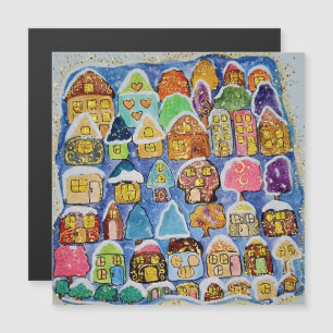 Carte magnétique de Noël Village hivernal fantaisi