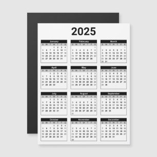 Carte magnétique du calendrier 2025 noir et blanc