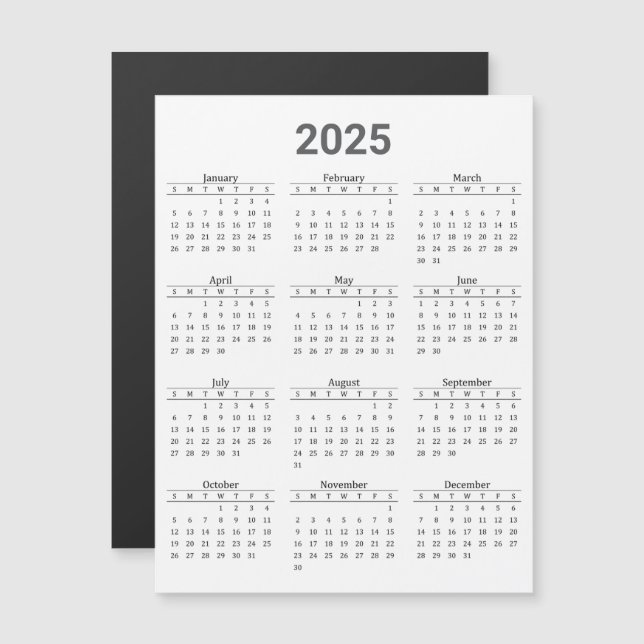 Carte magnétique Gris et Blanc 2025 Calendrier ann (Devant / Derrière)