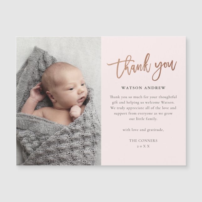 Carte magnétique Merci bébé écriture Rose Gold (Devant)