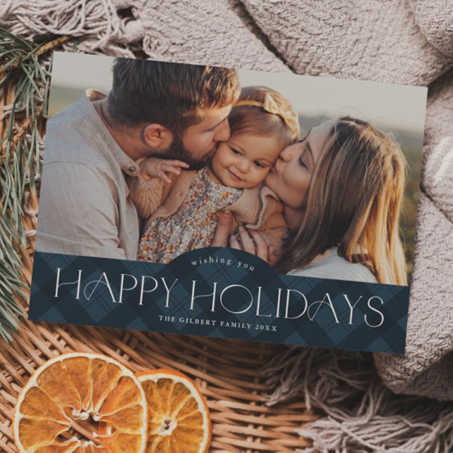 Carte Magnétique Rustique Marine Blue Plaid Photo  (Rustic navy blue plaid photo holiday magnetic card.)