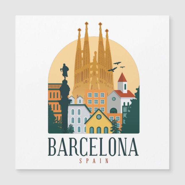 Carte magnétique Vintage Skyline Barcelone Espagne (Devant)