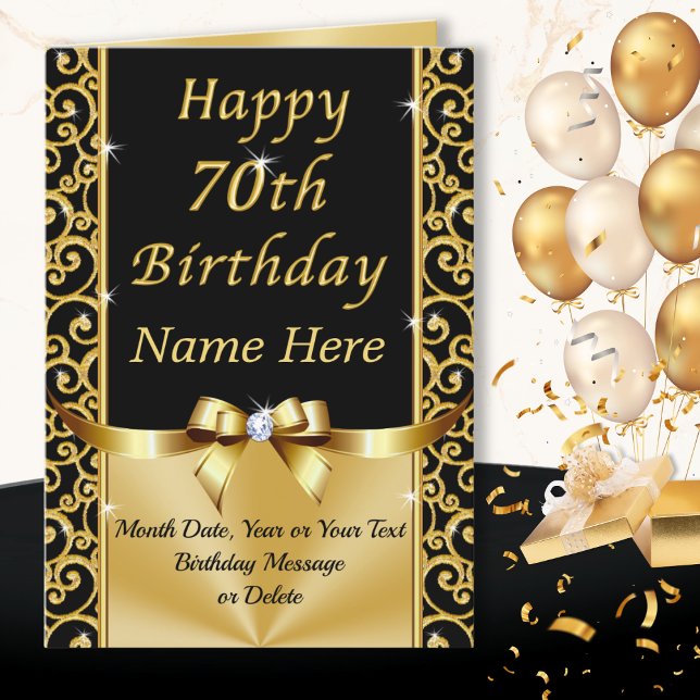 Carte Magnifique Black and Gold Happy 70th Birthday Card (70th birthday wishes for female friend. Personalised, 70th birthday cards for her. Black and Gold.)