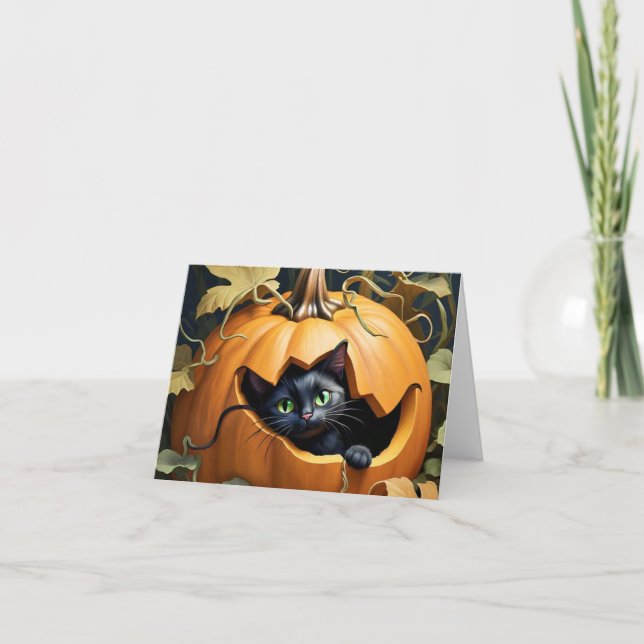 Carte Magnifique chat noir dans une citrouille (Devant)