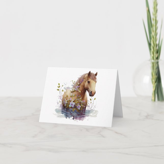Carte Magnifique Cheval avec Fleurs BLANC (Devant)