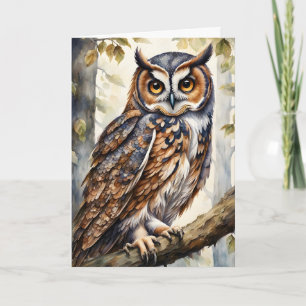 Carte Magnifique hibou des bois sur des feuilles de bran