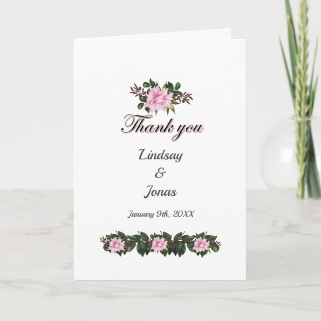 Carte Magnolia rose Vert Mariage Floral Merci (Devant)