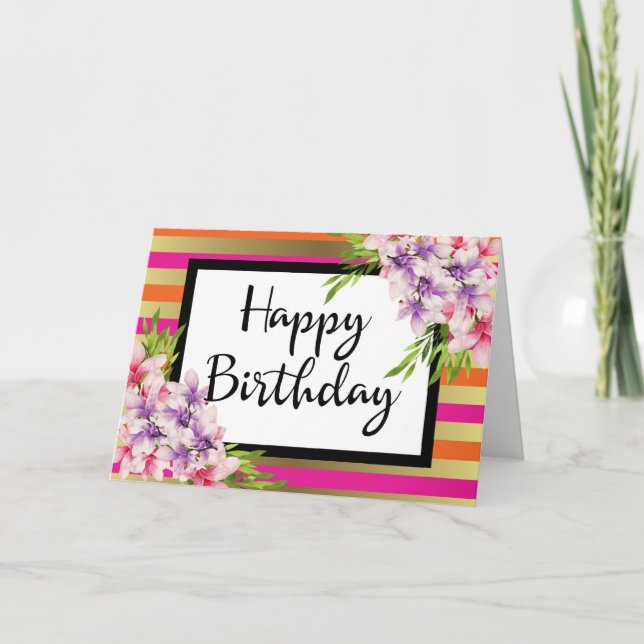 Carte Magnolia sur Pink & Faux Gold Stripes Anniversaire (Devant)