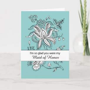 Carte Maid of Honor Merci avec Fleurs sur Turquoise