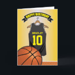 Carte Maillot de basketball noir jaune Anniversaire<br><div class="desc">Cartes de vœux d'anniversaire personnalisées pour enfants sur le thème du basket-ball avec un fond jaune délavé et un maillot de basket-ball noir et jaune que vous pouvez personnaliser avec le nom et l'âge de l'enfant, et un ballon de basket en bas. Cette carte d'anniversaire sur le thème du sport...</div>