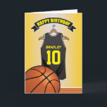 Carte Maillot de basketball noir jaune Anniversaire<br><div class="desc">Cartes de vœux d'anniversaire personnalisées pour enfants sur le thème du basket-ball avec un fond jaune délavé et un maillot de basket-ball noir et jaune que vous pouvez personnaliser avec le nom et l'âge de l'enfant, et un ballon de basket en bas. Cette carte d'anniversaire sur le thème du sport...</div>