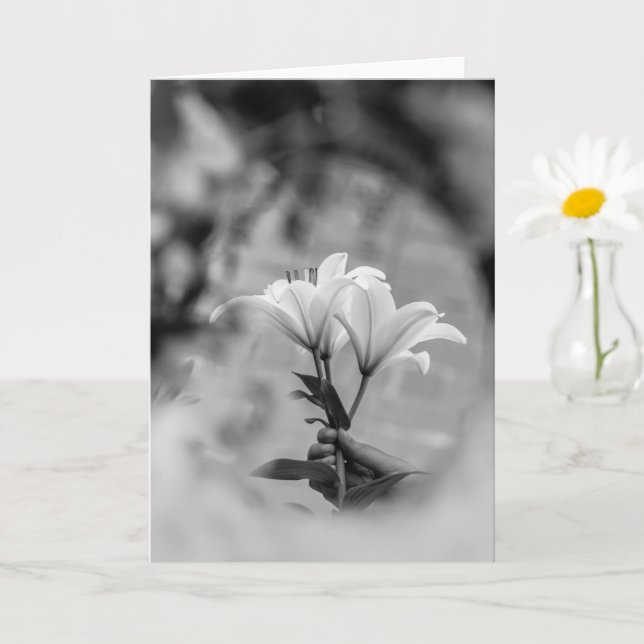 Carte Main tenant des lys – Condoléances Noir et Blanc (Petite plante)