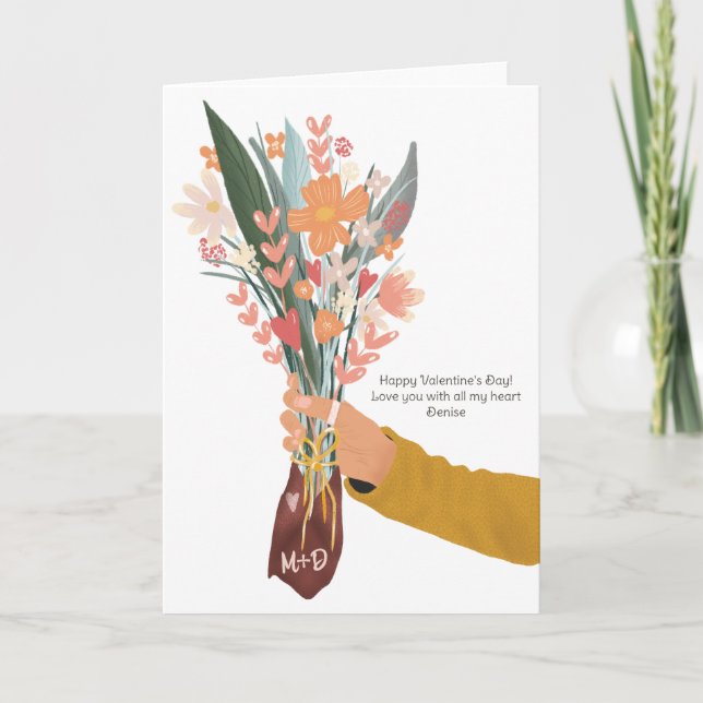 Carte Main tenant un bouquet floral pour la Saint-Valent (Devant)