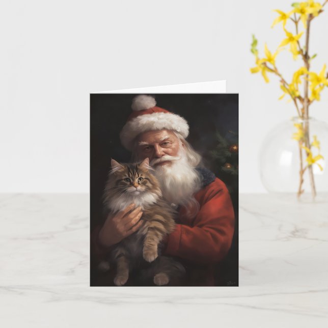 Carte Maine Coon avec Noël Festif du Père Noël (Fleur jaune)