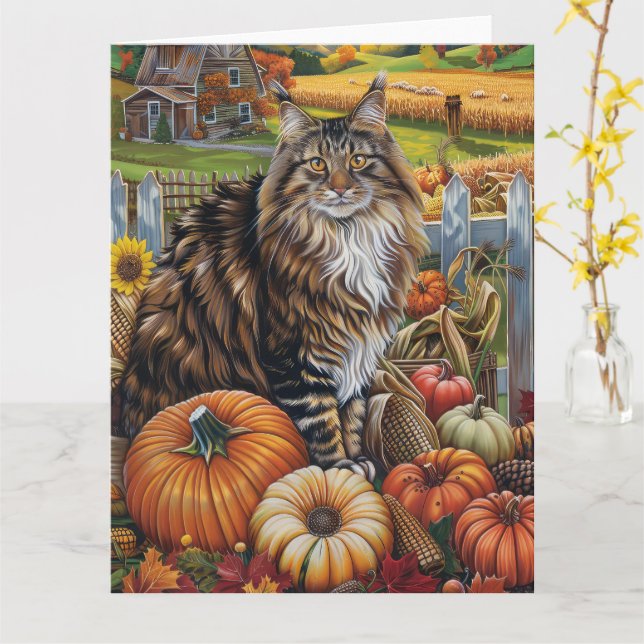 Carte Maine Coon Chat Automne Harvest Thankgiving (Fleur jaune)