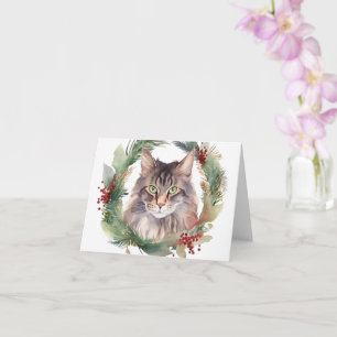 Carte Maine Coon Chat Noël Wreath Festive Kitten