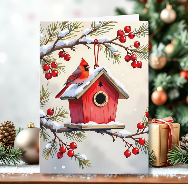 Carte Maison de cardinal de Noël sur une branche de pin  (Créateur téléchargé)