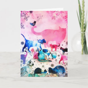 Carte Maison de fête de chats Art pailleté aquarelle ros