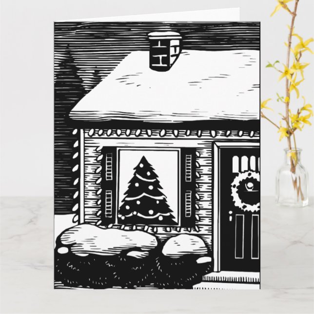 Carte Maison de Noël Arbre dans la fenêtre Noir et blanc (Fleur jaune)