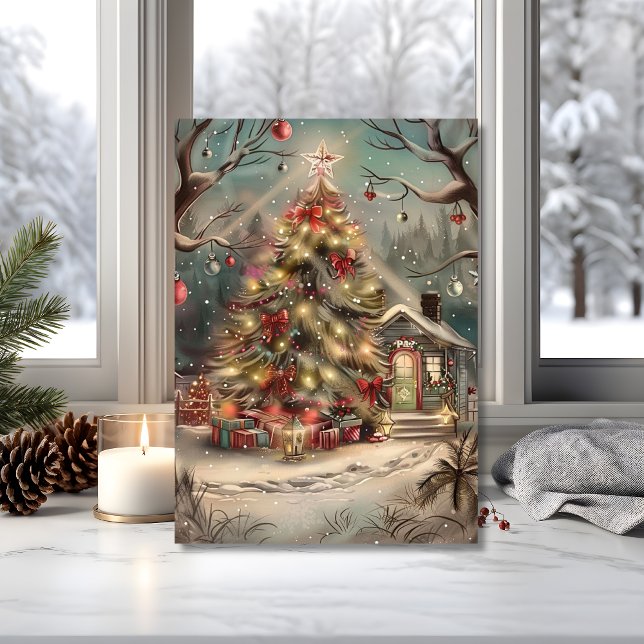 Carte Maison de Noël enneigée magique  (Send a peaceful scene with this holiday card featuring a glowing tree and cozy cottage)