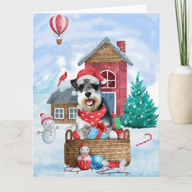 Carte Maison de Noël pour chien Schnauzer dans la neige (Devant)