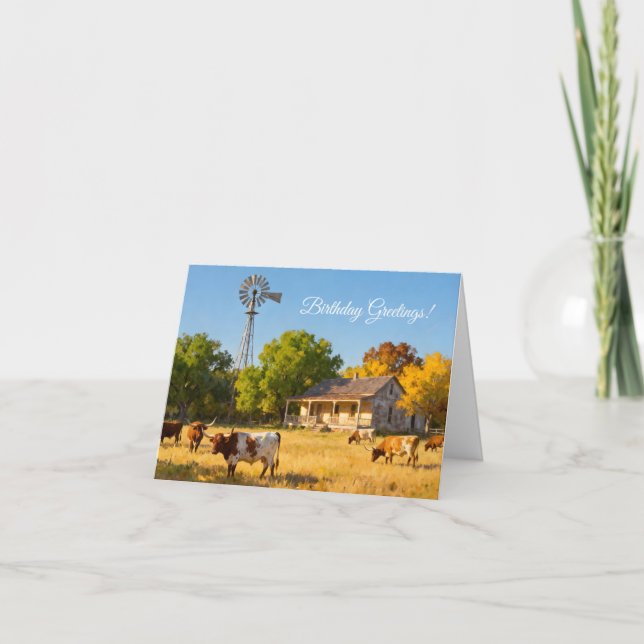 Carte Maison de ranch du Texas et Longhorns pour un anni (Devant)