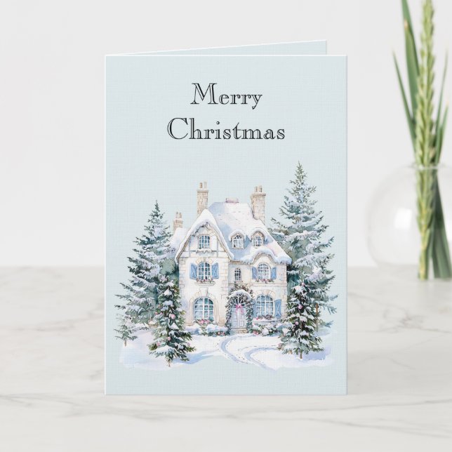 Carte Maison d'hiver de Noël blanc bleu Arbres (Devant)