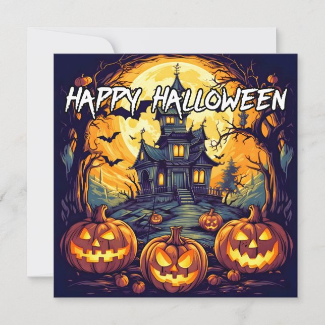 Carte Maison et Citrouilles hantés | Bonne Halloween (Devant)