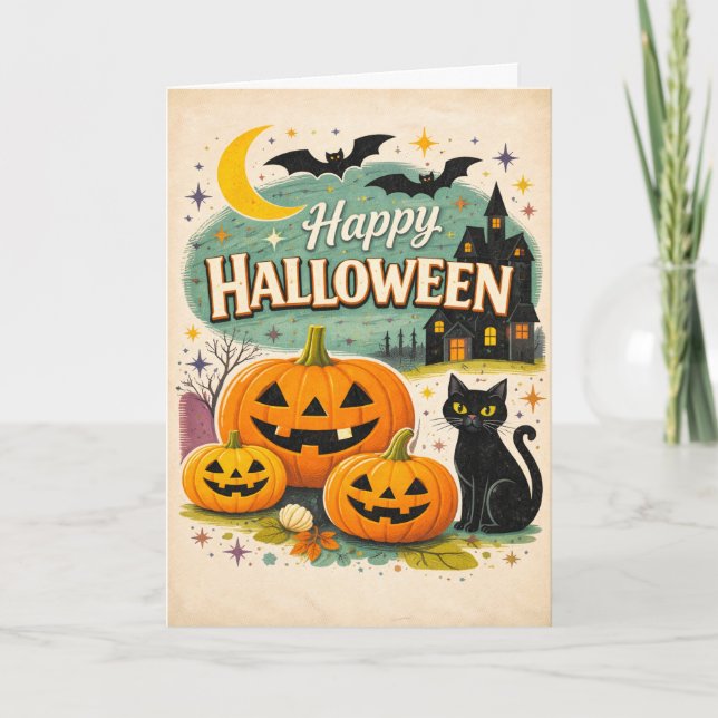 Carte Maison Hantée Rétro Halloween Vintage (Devant)