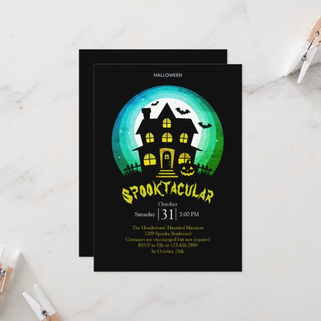 Carte Maison Hantée Spooktacular Soirée Halloween (Devant/Arrière en situation)