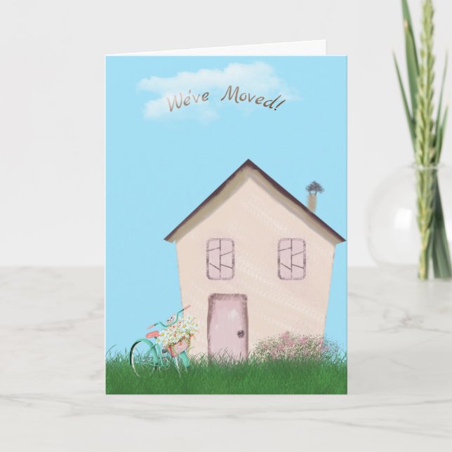 Carte maison rose avec vélo et chat pour la nouvelle mai (Devant)