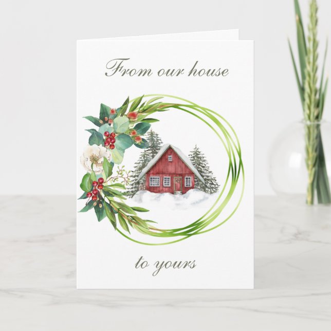 Carte Maison rouge avec Magnolia et Berry Wreath Holiday (Devant)