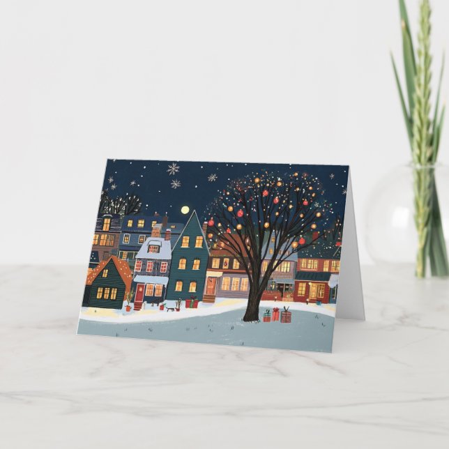 Carte Maisons de neige avec lumières de Noël (Devant)