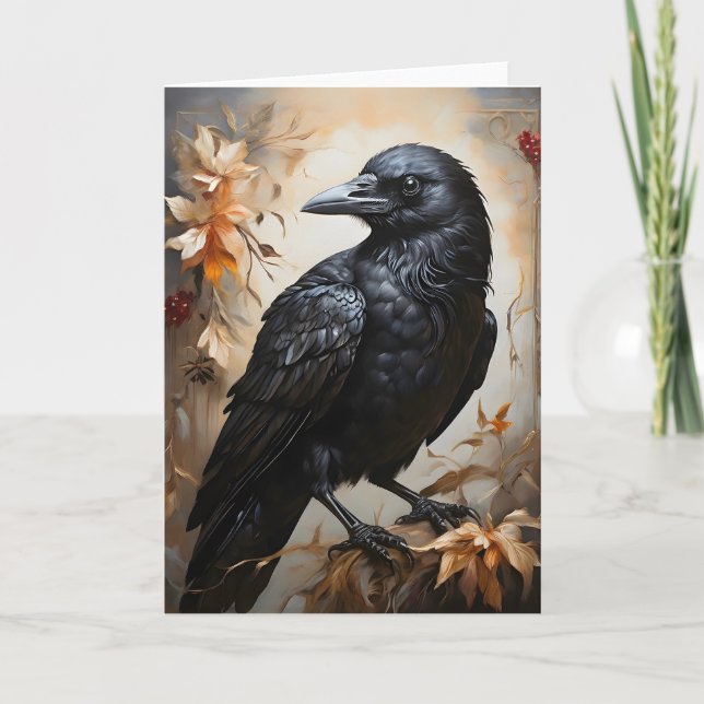 Carte Majestic Black Raven Portrait Fleurs Lune Blank (Devant)