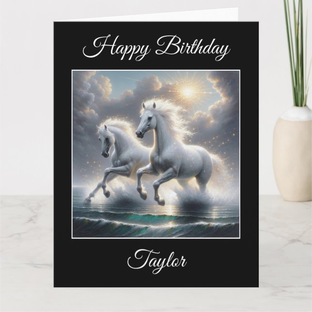 Carte Majestic Glitterie Chevaux blancs Paysage marin (Devant)