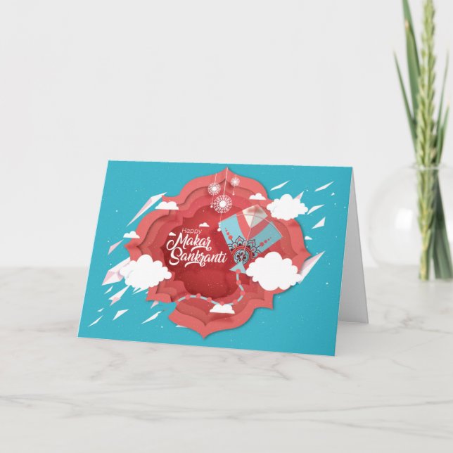 Carte Makar Sankranti, cerf-volant bleu et rouge (Devant)