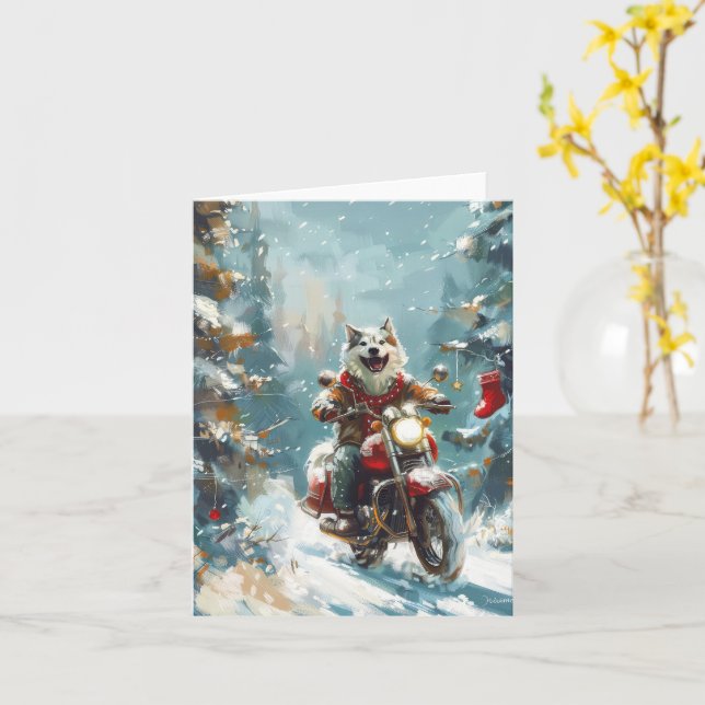 Carte Malamute d'Alaska à moto Noël (Fleur jaune)