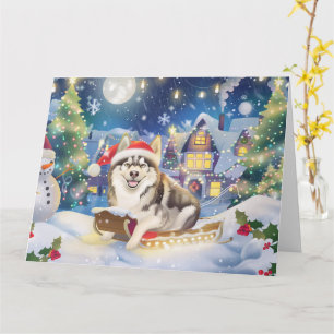 Carte Malamute d'Alaska à Sleigh neige Noël