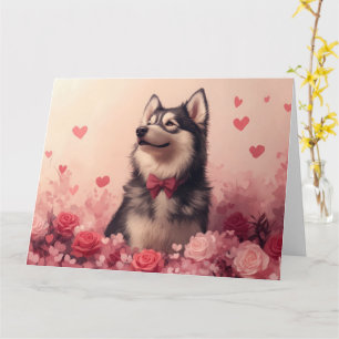 Carte Malamute d'Alaska avec des roses - Saint-Valentin